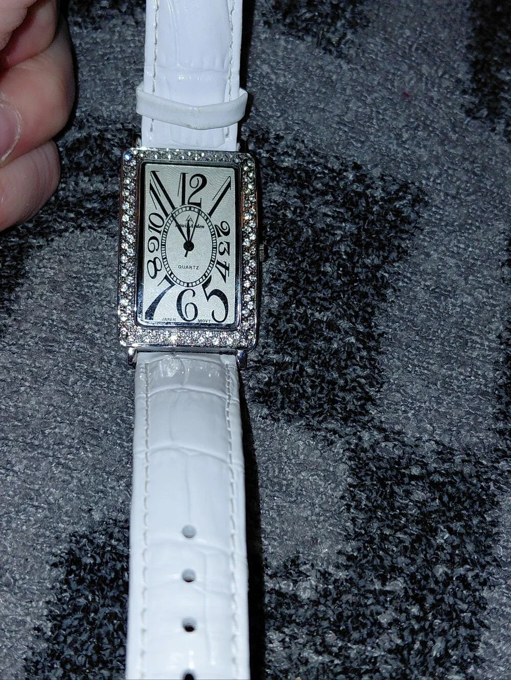 Vintage Louis Arden Art Deco Tank Watch Crystal Bezel White Croc Strap Quartz CC
